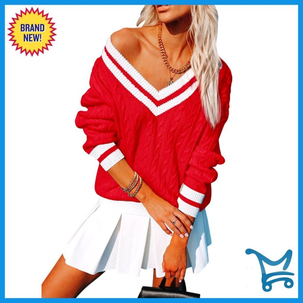 Oversized V Neck Cable Knit Pullover Chunky Sweater Casual Tunic Top